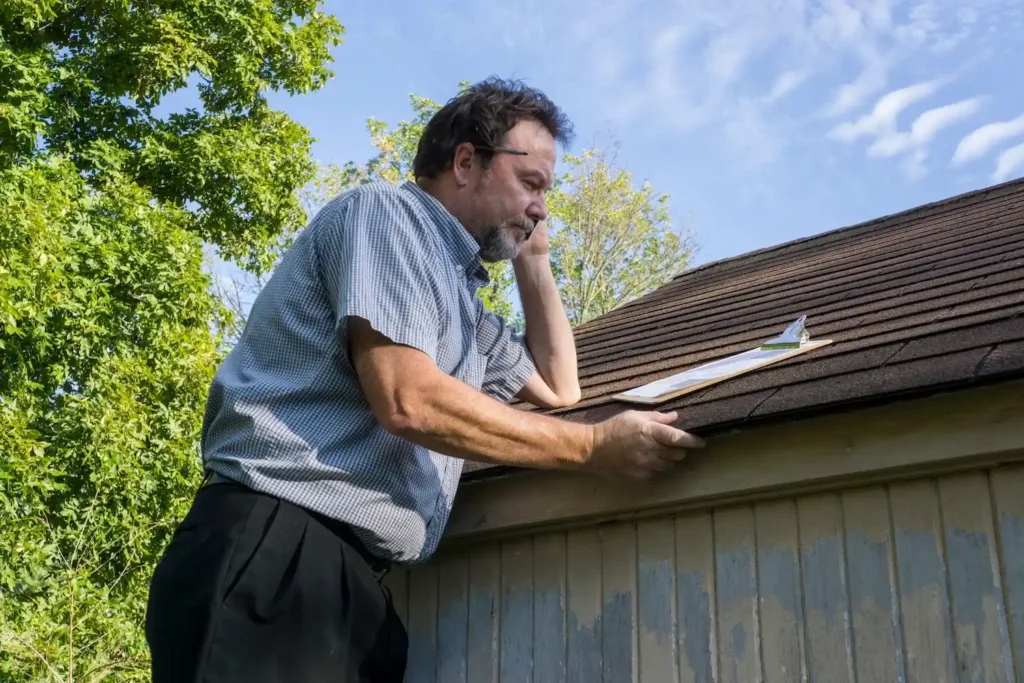 Insurance adjuster figuring hail damage done to insured roof; roof depreciation