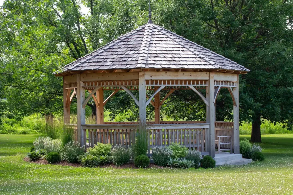 hexagonal roof gazebo in backyard