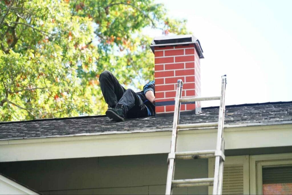 contractor laying on a roof and working with the roof saddle on the chimney